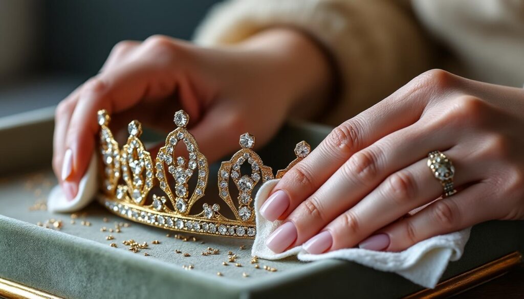 découvrez nos conseils pour entretenir une tiare ou un diadème tout en préservant l'éclat de ses strass, afin d'éviter toute détérioration et de garder votre bijou étincelant.