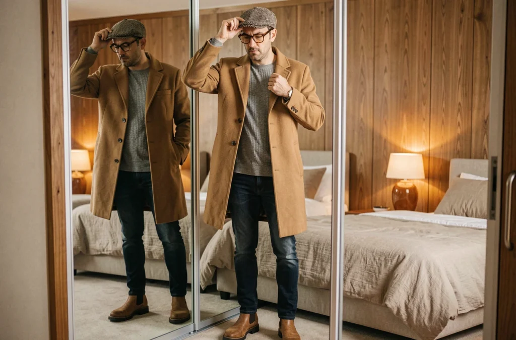 Homme devant un miroir en manteau camel avec chapeau, lunettes et boots Chelsea, accessoires mode homme incontournables 2026