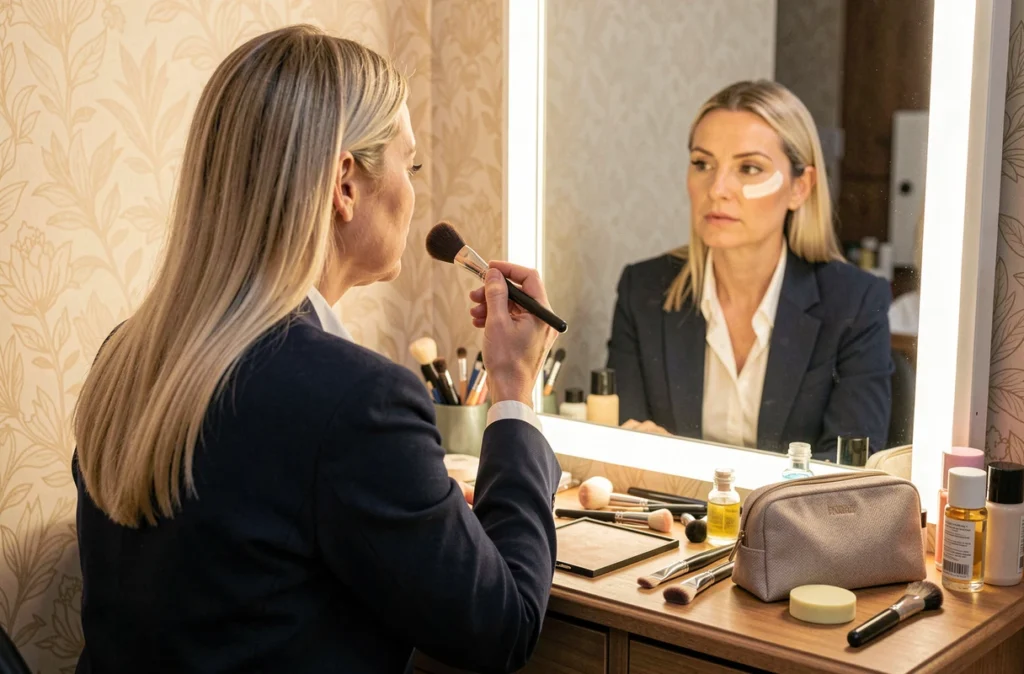 Femme appliquant un primer visage avant son maquillage pour améliorer la longévité du fond de teint