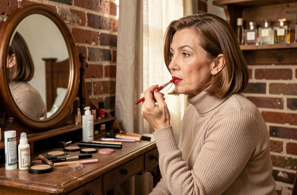 Femme appliquant un rouge à lèvres mat rouge classique devant un vanity vintage dans une chambre décorée avec soin