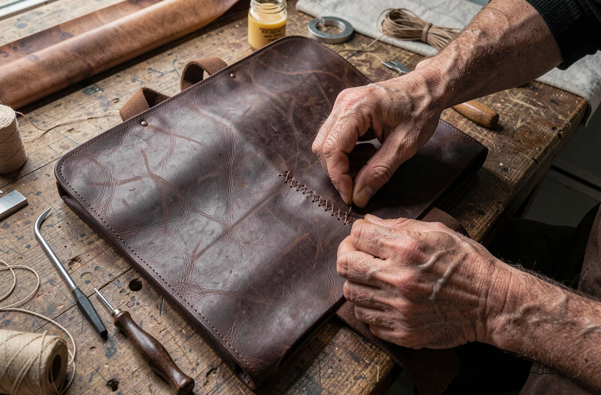 Artisan inspectant les coutures à la main d'une besace en cuir artisanale sur un établi de maroquinerie