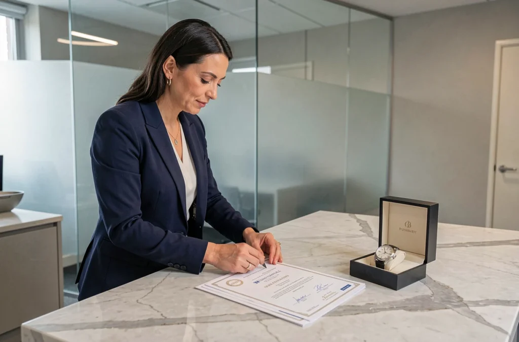 Femme consultant des documents d'authentification et certificat d'assurance pour une montre de luxe de grande valeur dans un bureau haut de gamme