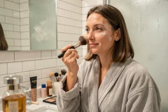 Femme appliquant une poudre fixante transparente devant un miroir de salle de bain pour prolonger la tenue de son maquillage