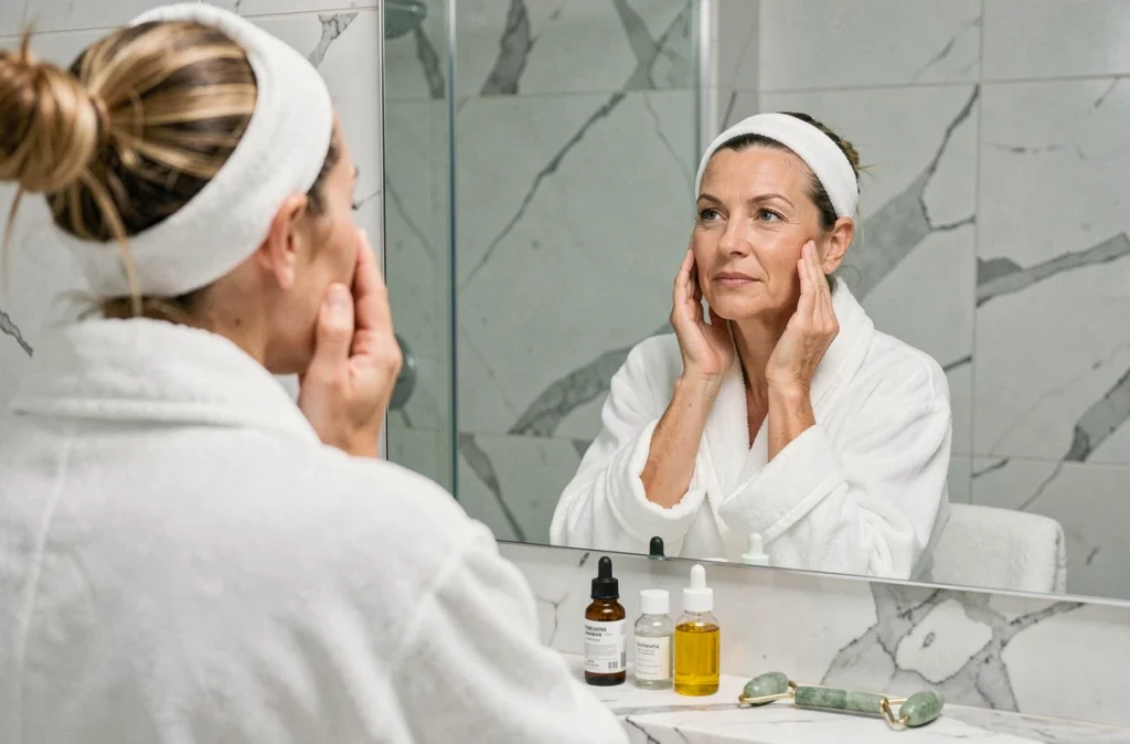 Femme effectuant un auto-massage facial devant un miroir de salle de bain avec de l'huile de soin, routine beauté quotidienne pour une peau lumineuse