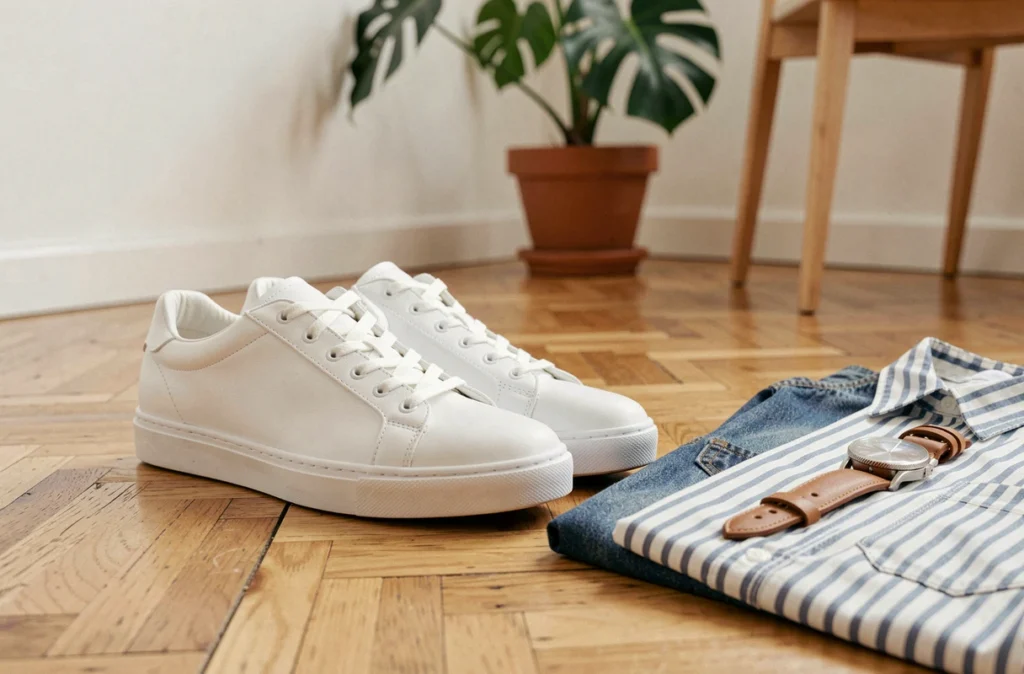 Détail de baskets blanches en cuir posées sur un parquet avec une tenue moderne dans un appartement de style scandinave