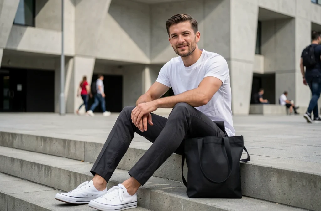 Homme en baskets blanches minimalistes assis sur des marches en béton dans un environnement urbain moderne