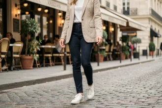 Jeune femme portant des baskets blanches en cuir avec un blazer beige et jean indigo sur un trottoir parisien pavé