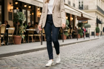 Jeune femme portant des baskets blanches en cuir avec un blazer beige et jean indigo sur un trottoir parisien pavé