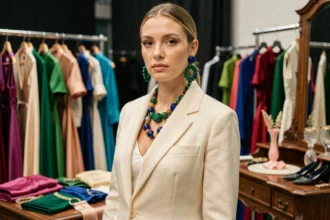 Mannequin portant des bijoux colorés tendance, boucles d'oreilles en résine verte et bleue avec collier de perles multicolores, backstage d'un défilé de mode