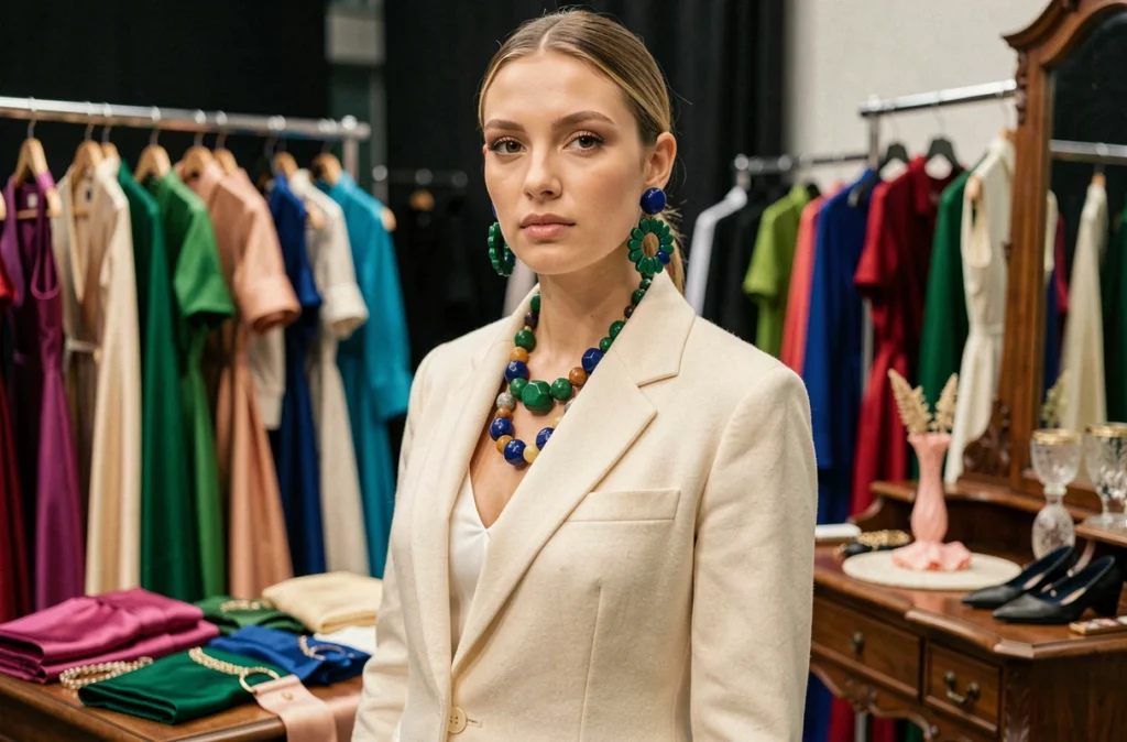 Mannequin portant des bijoux colorés tendance, boucles d'oreilles en résine verte et bleue avec collier de perles multicolores, backstage d'un défilé de mode