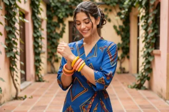 Femme portant une robe bleue géométrique avec des bracelets en résine colorés corail et jaune moutarde dans une cour urbaine ensoleillée
