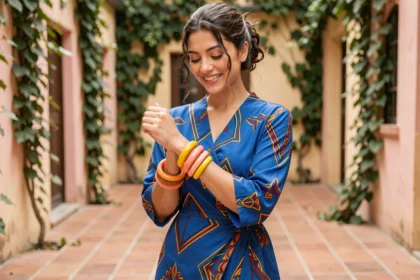 Femme portant une robe bleue géométrique avec des bracelets en résine colorés corail et jaune moutarde dans une cour urbaine ensoleillée