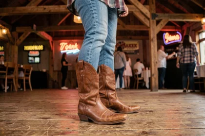 Femme portant des bottines country marron en cuir sur un parquet de salle de danse western