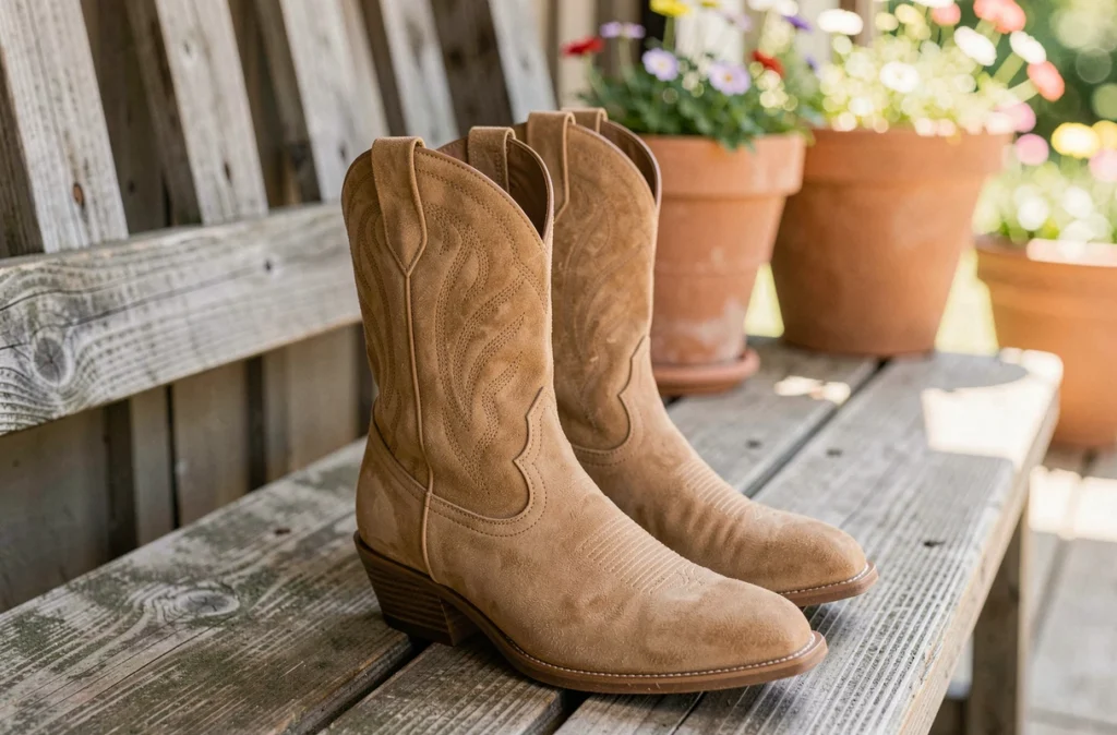 Bottines country femme en daim beige posées sur un banc en bois avec stitching décoratif