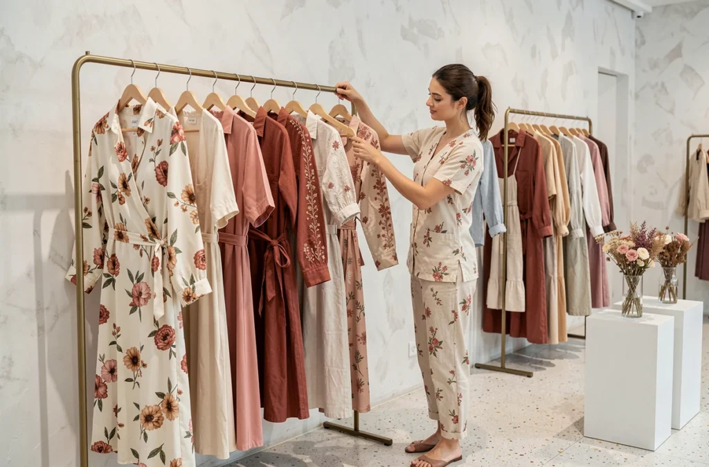 Vendeuse arrangeant des vêtements à imprimés floraux dans une boutique de mode printemps-été