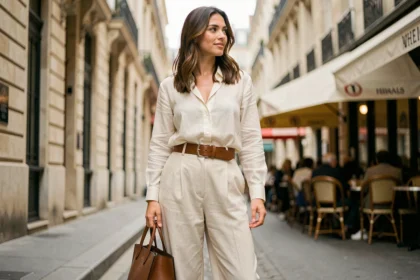 Femme portant une ceinture large en cuir sur une tenue urbaine chic dans une rue parisienne