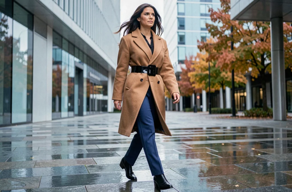 Femme en manteau camel ceinturé d'une large ceinture en cuir verni traversant une place urbaine moderne