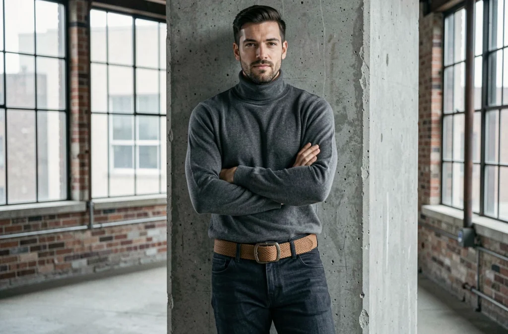 Homme stylé avec ceinture large en toile cognac portée sur un pull col roulé dans un loft industriel