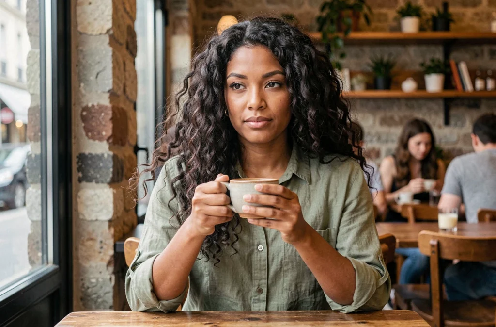 Femme aux cheveux bouclés naturels dans un café parisien tendance lifestyle beauté naturelle