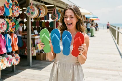 Femme riant en tenant trois claquettes en forme de poisson colorées — verte, bleue et rouge — sur un marché estival en bord de mer