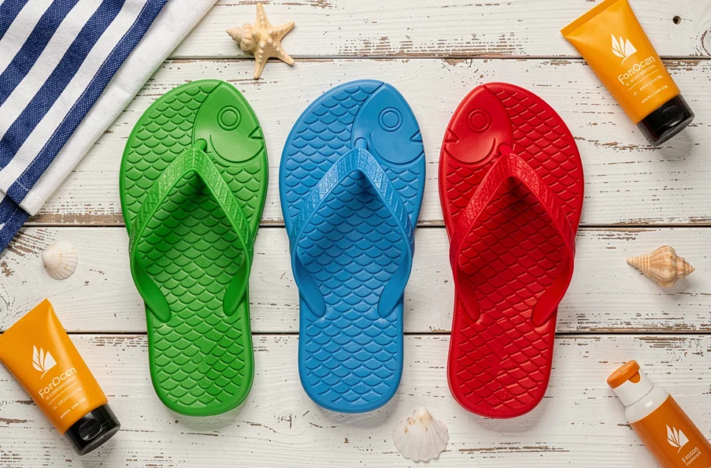 Vue de dessus d'un arrangement flat-lay de trois claquettes en forme de poisson — verte, bleue et rouge — sur une surface en bois blanc avec accessoires estivaux