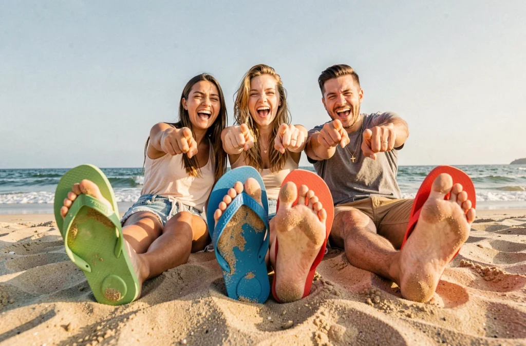 Trois amis assis sur la plage portant chacun une claquette poisson de couleur différente — verte, bleue et rouge — en posant les pieds vers l'objectif