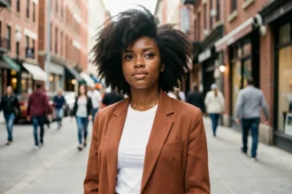Jeune femme noire aux cheveux afro naturels volumineux en tenue urbaine tendance dans une rue de ville