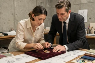 Créatrice de bijoux et directeur artistique d'une maison de couture examinant un prototype de collier en or dans un atelier parisien