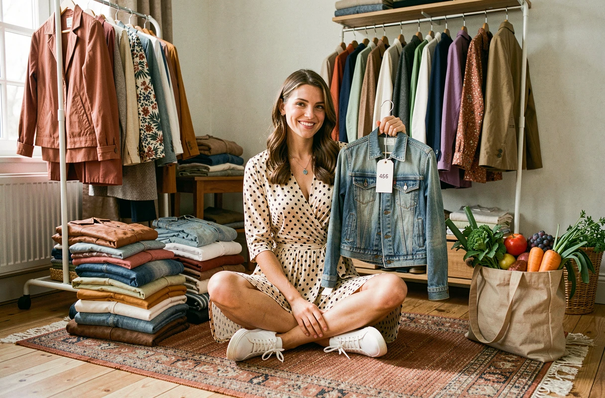 Jeune femme entourée de vêtements vintage pas cher triés par terre dans son appartement