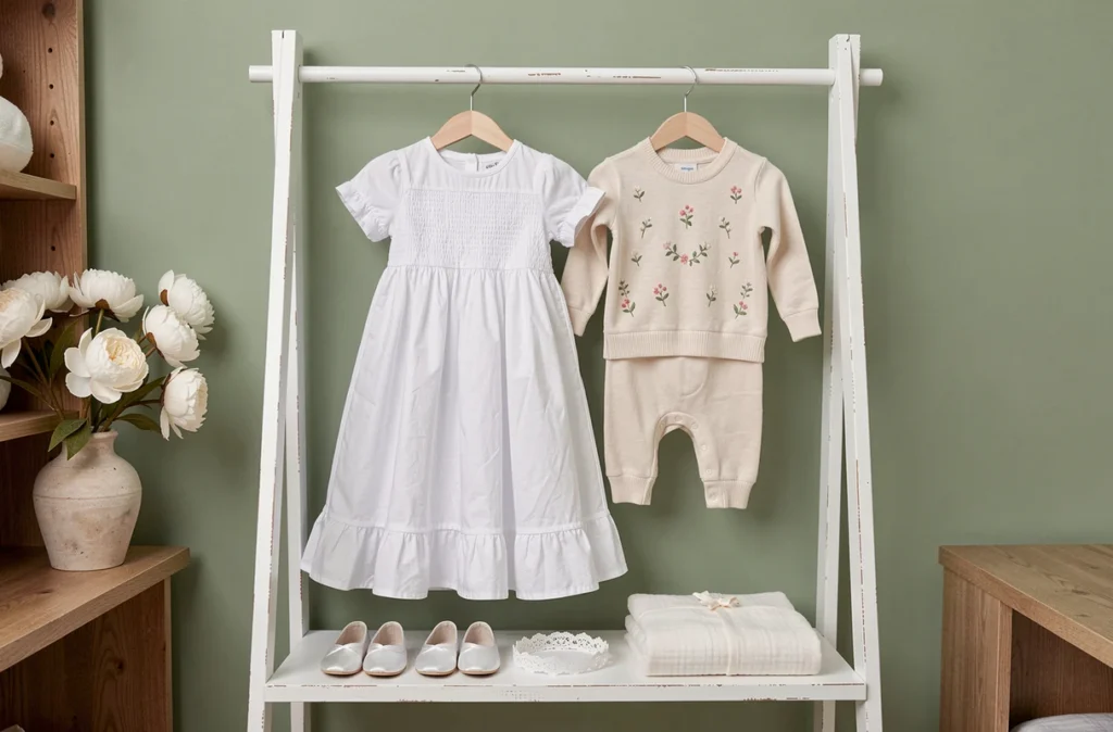Deux robes de baptême pour bébé en coton bambou et laine mérinos présentées sur cintre dans un décor de chambre de bébé élégant