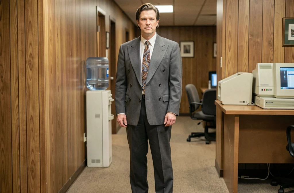 Homme en costume années 80 avec veste à épaulettes oversize et cravate imprimée dans un couloir de bureau vintage