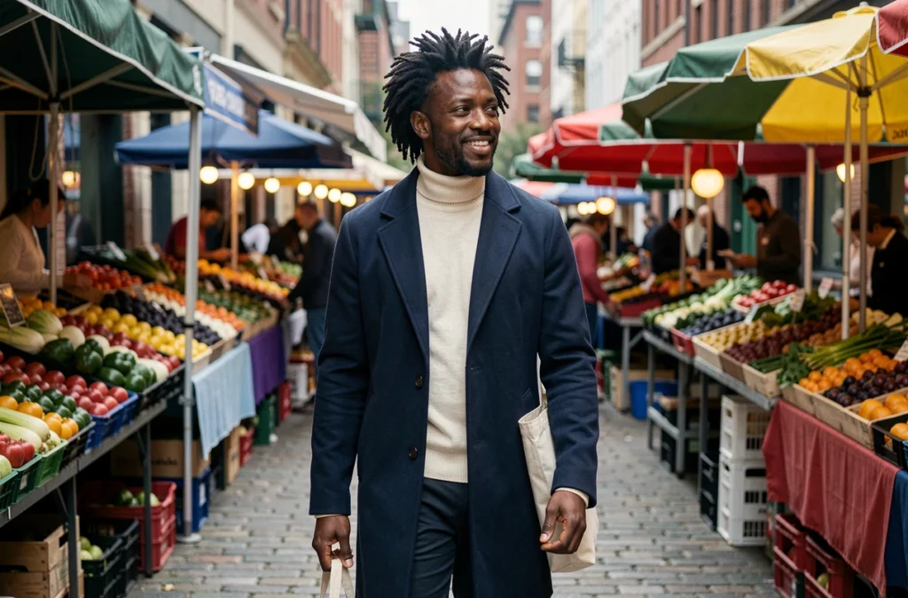 Homme noir aux cheveux naturels TWA en manteau urbain marchant dans un marché de rue parisien