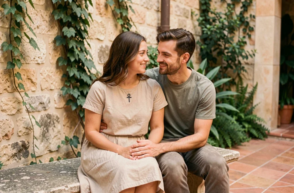 Couple assis dans une cour méditerranéenne, symbole ankh brodé sur la robe, illustration de l'amour et des relations
