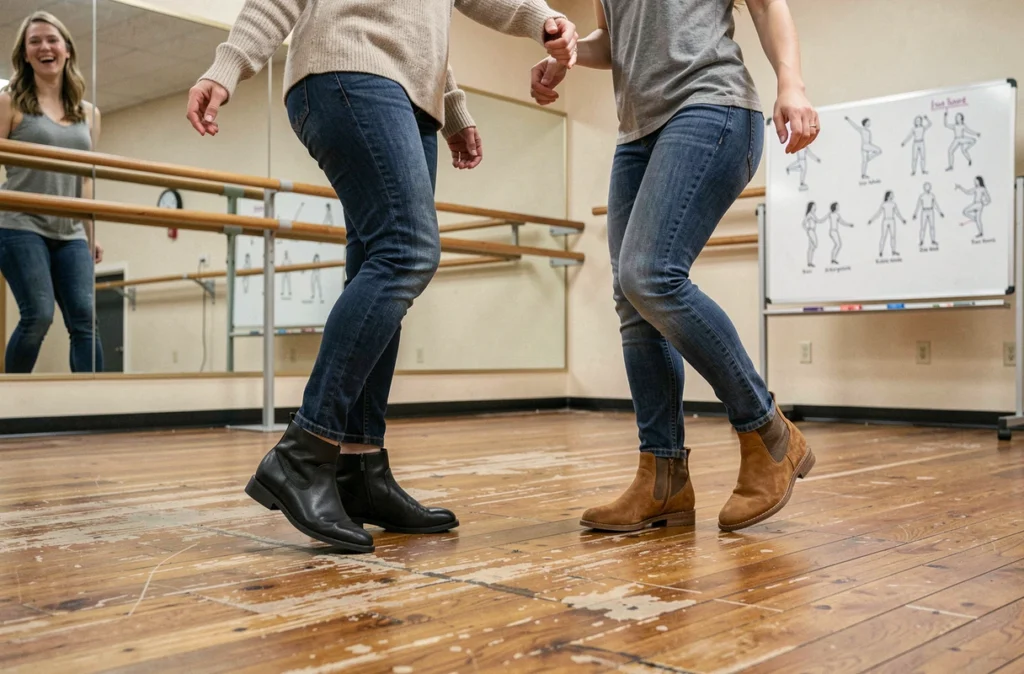 Deux femmes débutantes en danse country portant des bottines western lors d'un cours en studio
