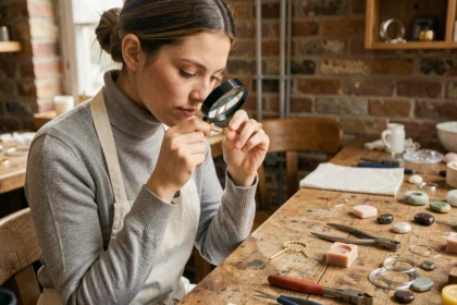 Jeune créatrice de bijoux française examinant une bague artisanale en or dans son atelier parisien
