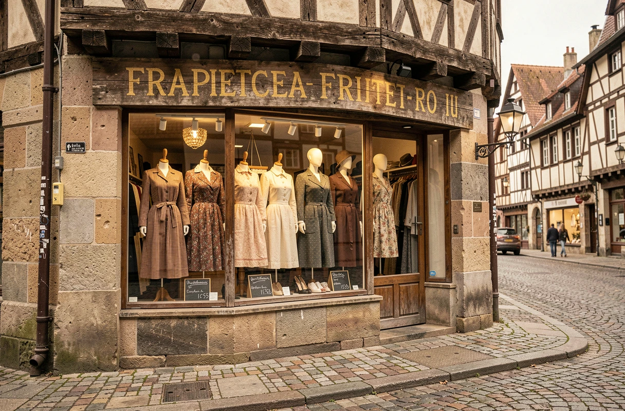 Devanture authentique d'une friperie à Strasbourg dans un quartier historique avec des mannequins vintage en vitrine et des pavés en premier plan