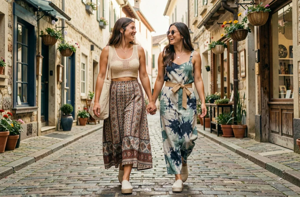 Deux femmes en tenues hippies coordonnées avec crochet, imprimés tie-dye et accessoires bohèmes marchant et riant dans une rue pavée de village