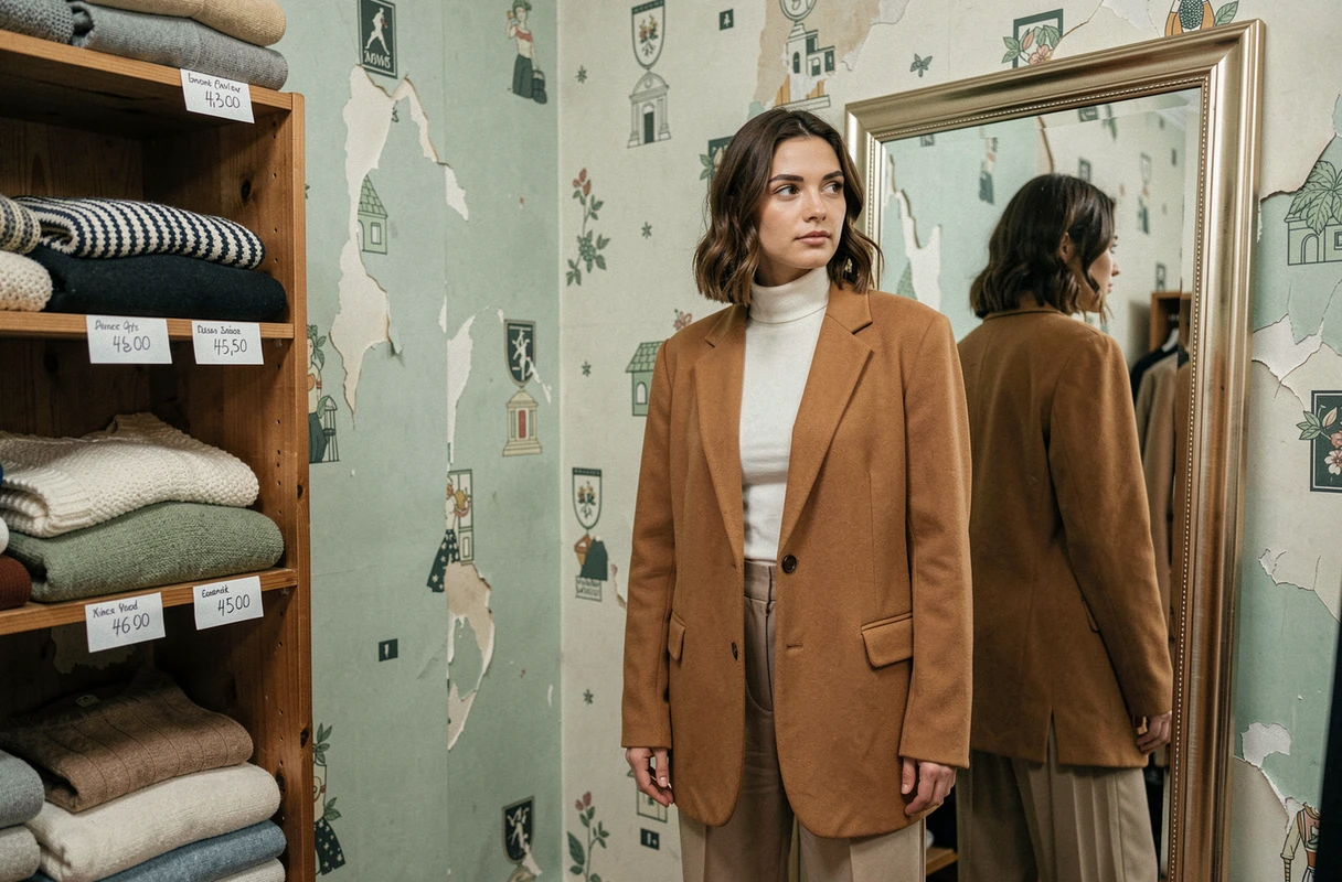 Femme essayant un blazer vintage des années 80 dans une boutique de vêtements rétro abordables