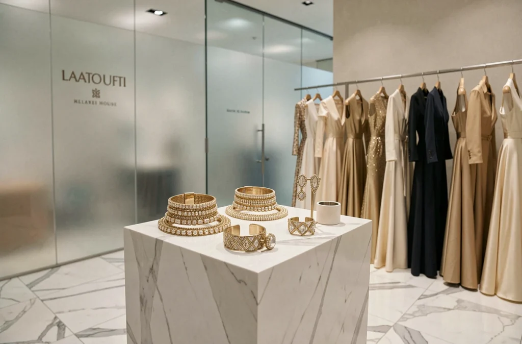 Présentation de bijoux de luxe en collaboration avec une maison de couture lors d'un lancement de collection dans une boutique haut de gamme