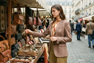 Femme en blazer vintage parcourant un marché aux puces parisien avec des accessoires rétro