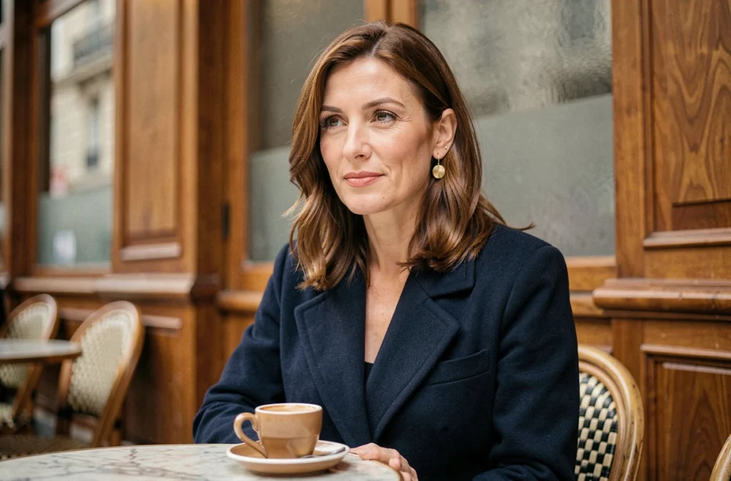 Femme aux cheveux châtains en manteau marine assise à une terrasse de café parisien avec une tasse d'espresso