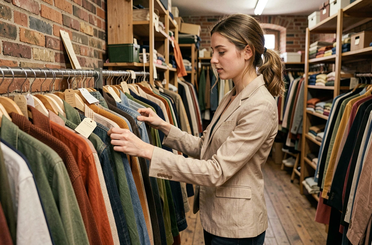 Jeune femme qui fouille les vêtements d'une friperie à Strasbourg avec des racks colorés et des murs en briques apparentes