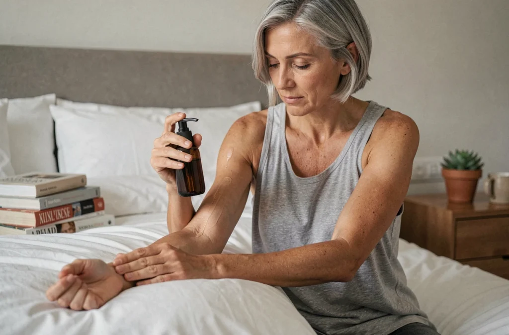 Femme mature appliquant une huile corporelle végétale sur son bras avant de dormir, assise sur un lit en lin blanc dans une chambre apaisante