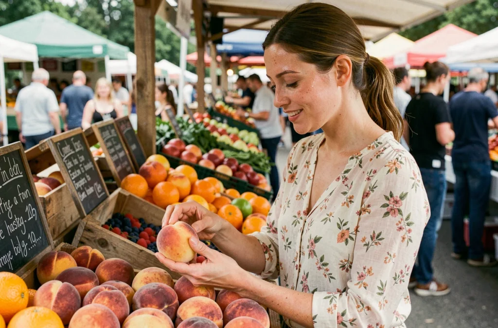 Jeune femme au teint éclatant choisissant des fruits frais sur un marché en plein air pour illustrer une alimentation saine et beauté naturelle