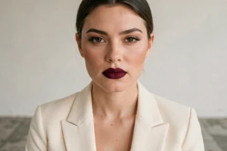 Femme portant un rouge à lèvres mat bordeaux profond dans un studio minimaliste, regard direct et assuré