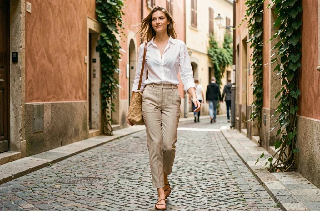 Femme portant des sandales minimalistes à lanières dans une ruelle pavée européenne, look estival naturel et épuré