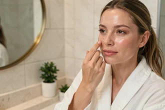 Femme aux 30 ans appliquant un sérum sur son visage devant un miroir de salle de bain minimaliste pour un teint lumineux