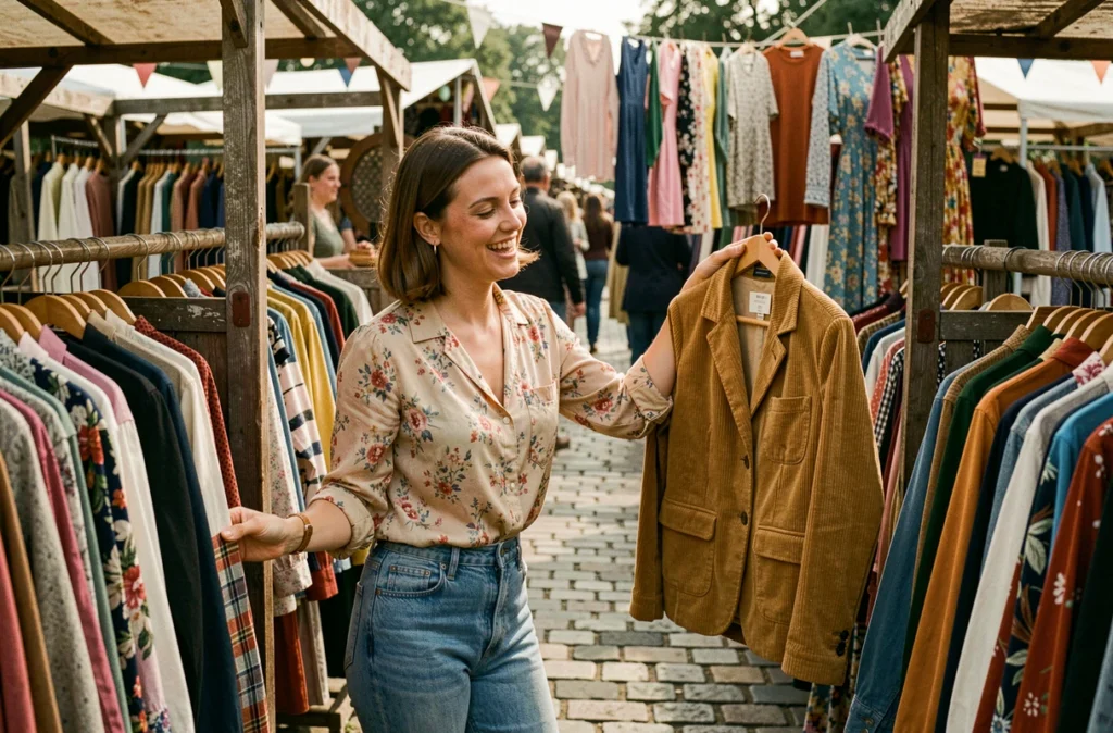 Femme en vêtements vintage des années 70 qui chine des habits rétro dans un marché aux puces en plein air