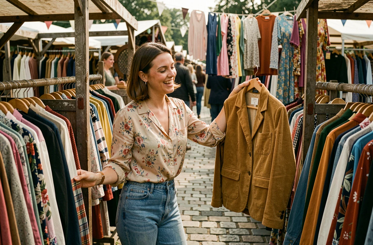 Femme en vêtements vintage des années 70 qui chine des habits rétro dans un marché aux puces en plein air