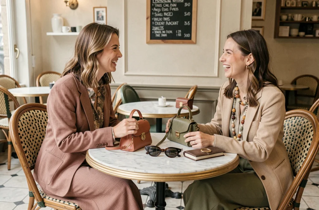 Deux femmes en tenues vintage avec accessoires rétro attablées dans un café parisien